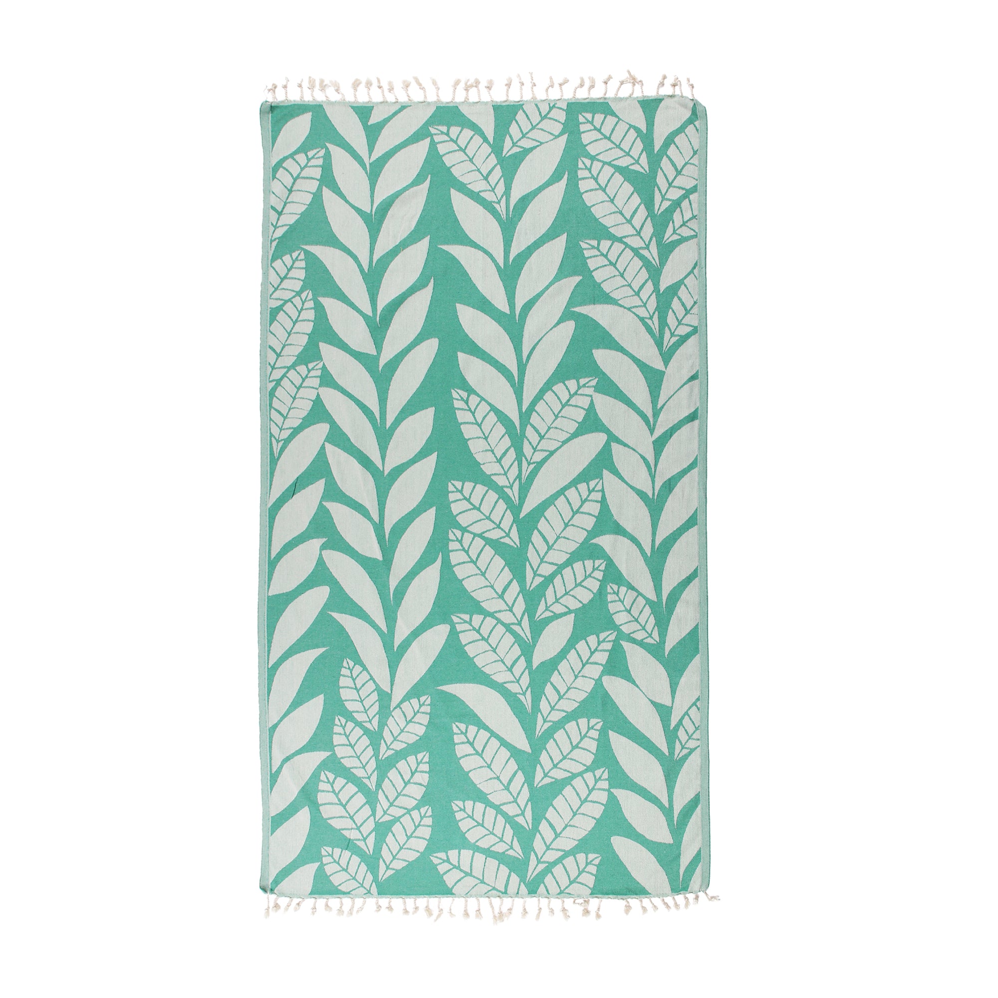 A vibrant Seaweed Pure Cotton Throw Beach Towel displayed on a sandy beach, showcasing its soft texture and traditional woven design.