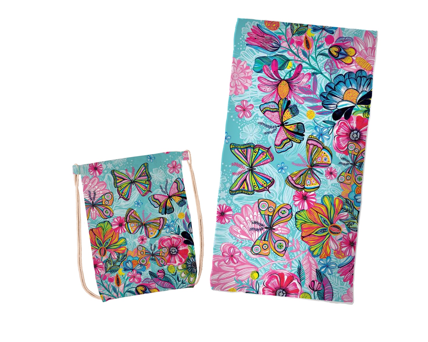 Towel to Go Nice Wet Bag and Hammam Towel featuring a colorful butterfly design, made from 100% cotton, displayed in a recycled cardboard gift box.