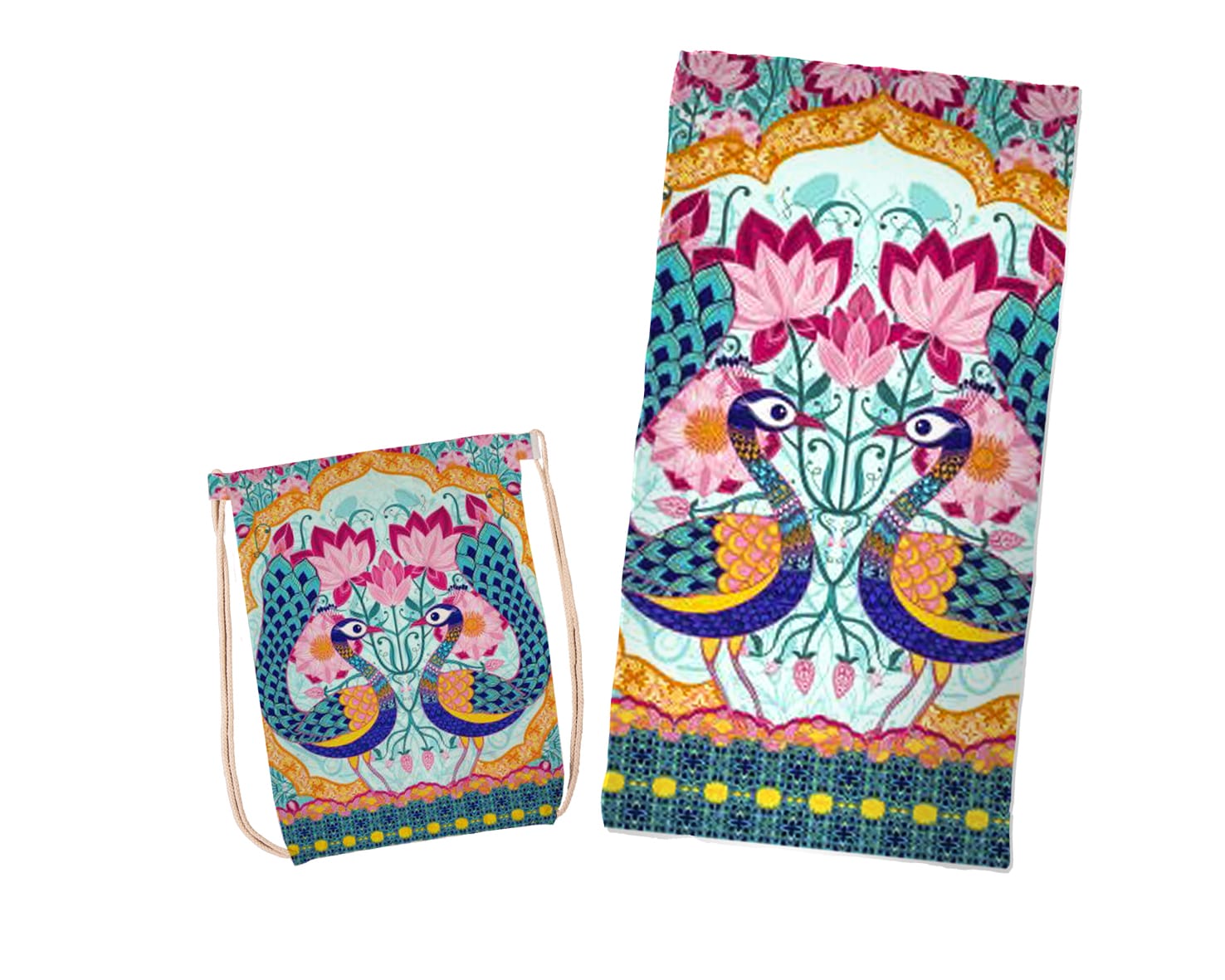 Towel to Go Nice Wet Bag and Hammam Towel in peacock design, showcasing vibrant colors and soft cotton texture, perfect for kids.