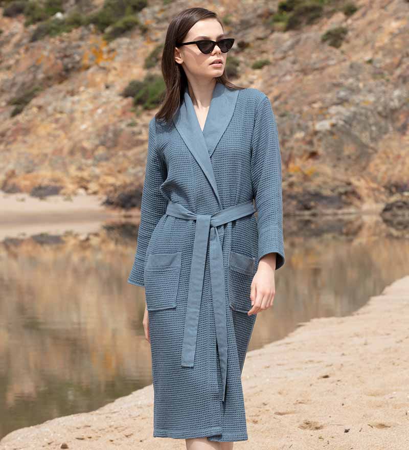 Women's Full Length Lightweight Waffle Spa Robe with Shawl Collar in various colors, showcasing its soft texture and stylish design.