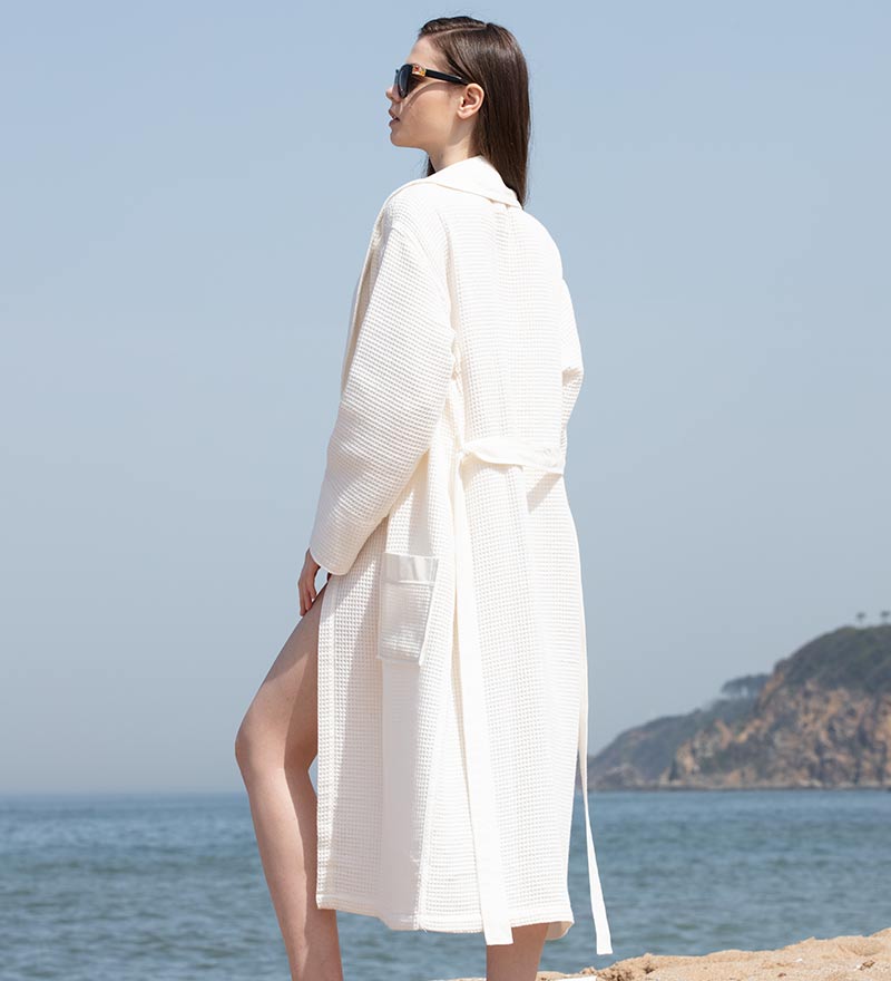 Women's Full Length Lightweight Waffle Spa Robe with Shawl Collar in various colors, showcasing its soft texture and stylish design.