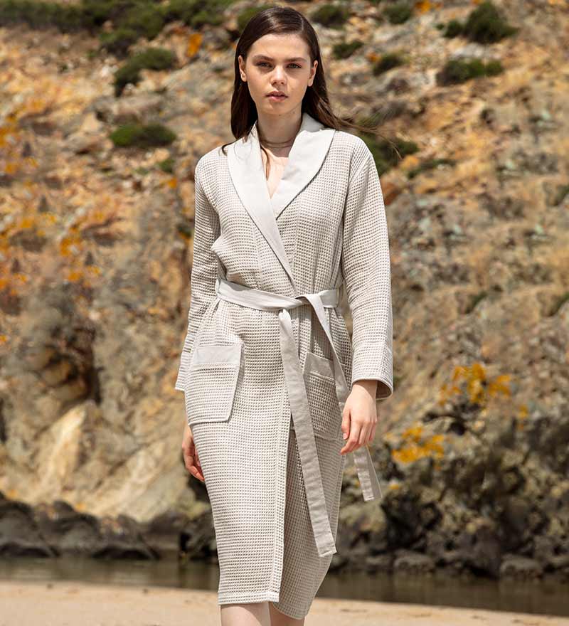 Women's Full Length Lightweight Waffle Spa Robe with Shawl Collar in various colors, showcasing its soft texture and stylish design.