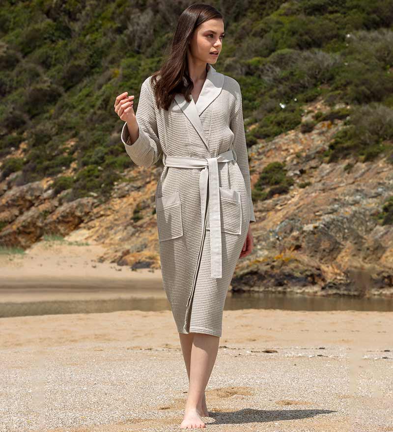 Women's Full Length Lightweight Waffle Spa Robe with Shawl Collar in various colors, showcasing its soft texture and stylish design.