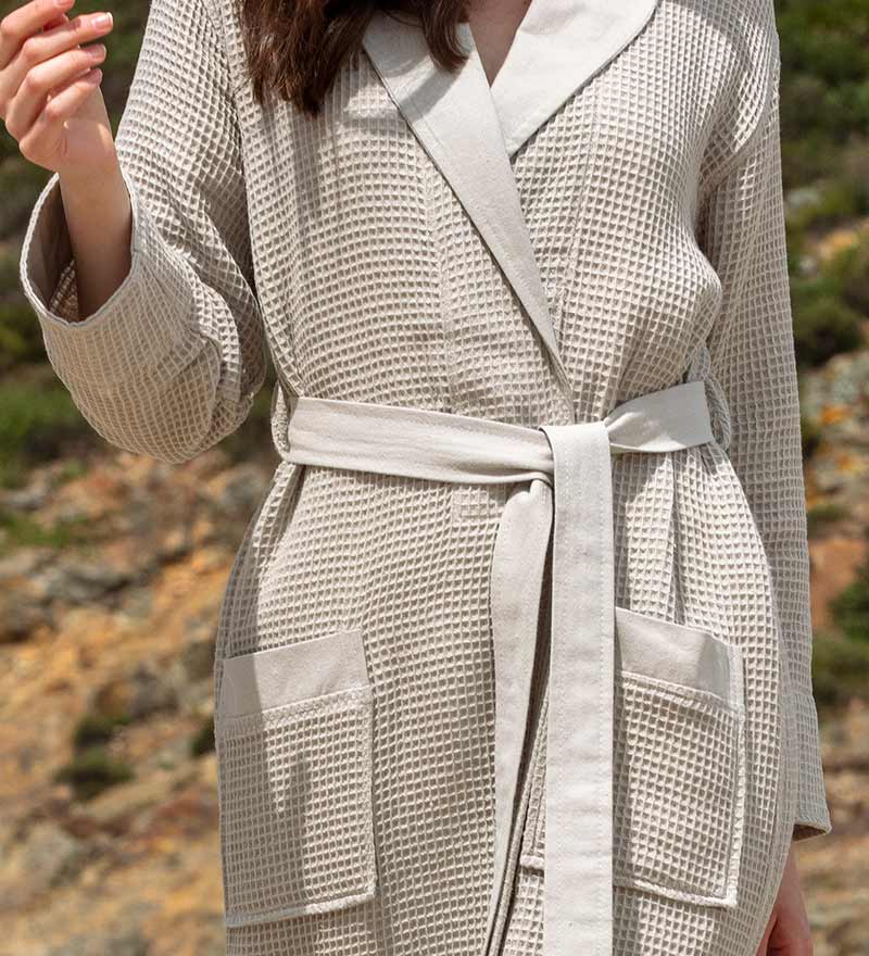 Women's Full Length Lightweight Waffle Spa Robe with Shawl Collar in various colors, showcasing its soft texture and stylish design.