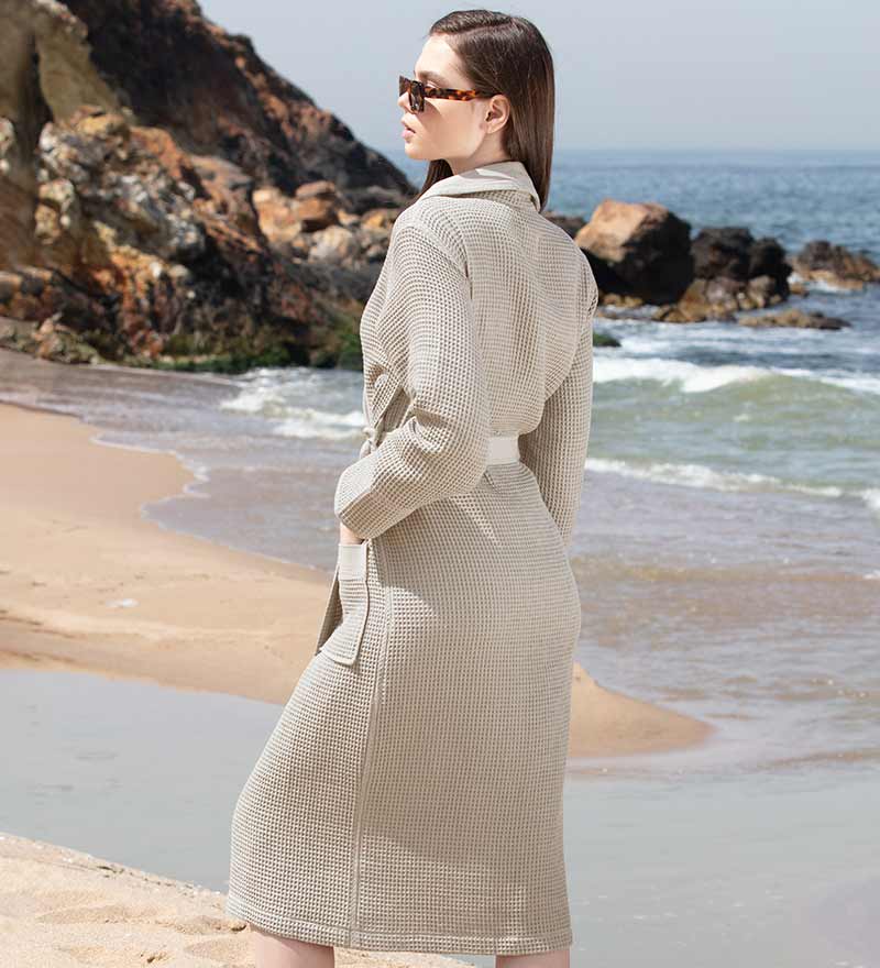 Women's Full Length Lightweight Waffle Spa Robe with Shawl Collar in various colors, showcasing its soft texture and stylish design.