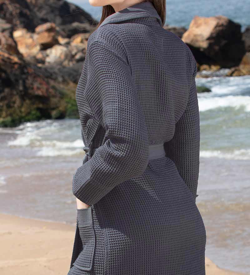 Women's Full Length Lightweight Waffle Spa Robe with Shawl Collar in various colors, showcasing its soft texture and stylish design.