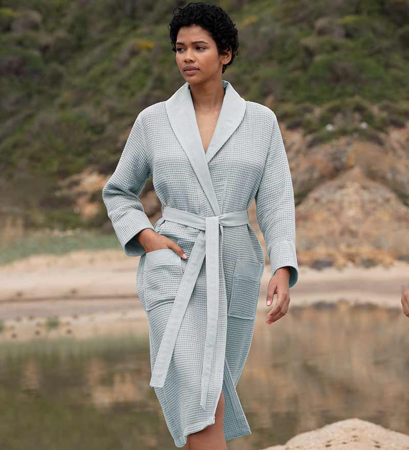 Women's Full Length Lightweight Waffle Spa Robe with Shawl Collar in various colors, showcasing its soft texture and stylish design.