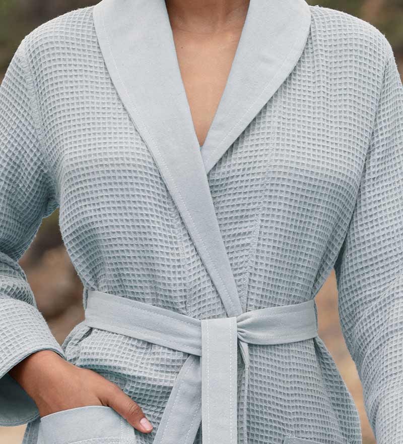 Women's Full Length Lightweight Waffle Spa Robe with Shawl Collar in various colors, showcasing its soft texture and stylish design.