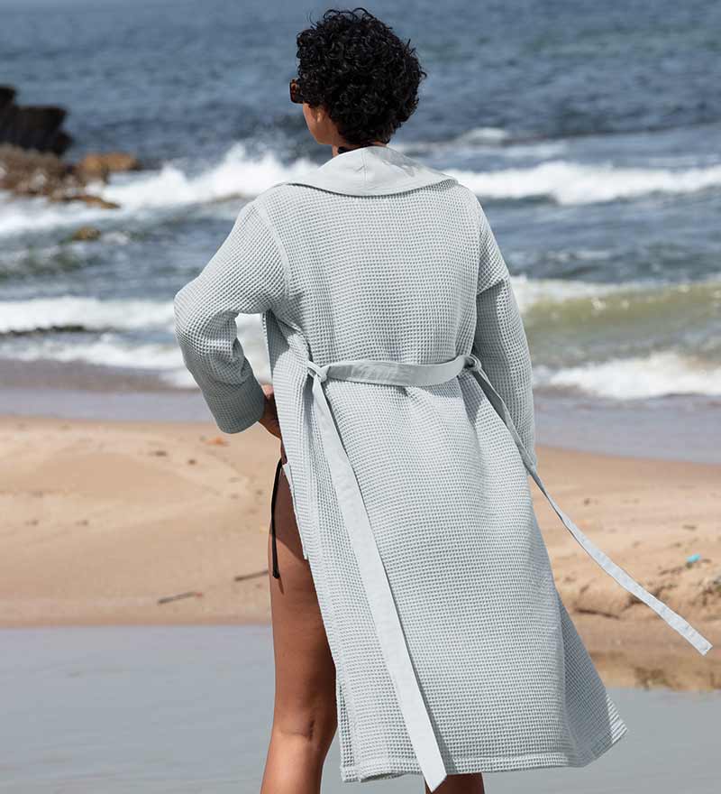 Women's Full Length Lightweight Waffle Spa Robe with Shawl Collar in various colors, showcasing its soft texture and stylish design.