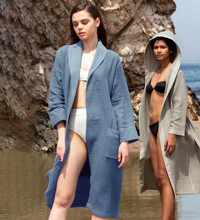 Women's Full Length Lightweight Waffle Spa Robe with Shawl Collar in various colors, showcasing its soft texture and stylish design.