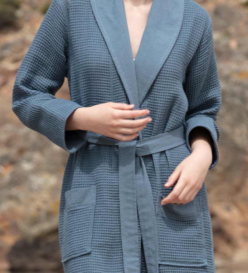 Women's Full Length Lightweight Waffle Spa Robe with Shawl Collar in various colors, showcasing its soft texture and stylish design.