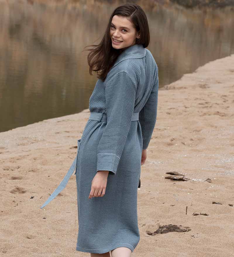 Women's Full Length Lightweight Waffle Spa Robe with Shawl Collar in various colors, showcasing its soft texture and stylish design.