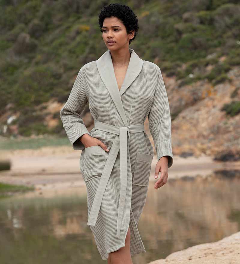 Women's Full Length Lightweight Waffle Spa Robe with Shawl Collar in various colors, showcasing its soft texture and stylish design.