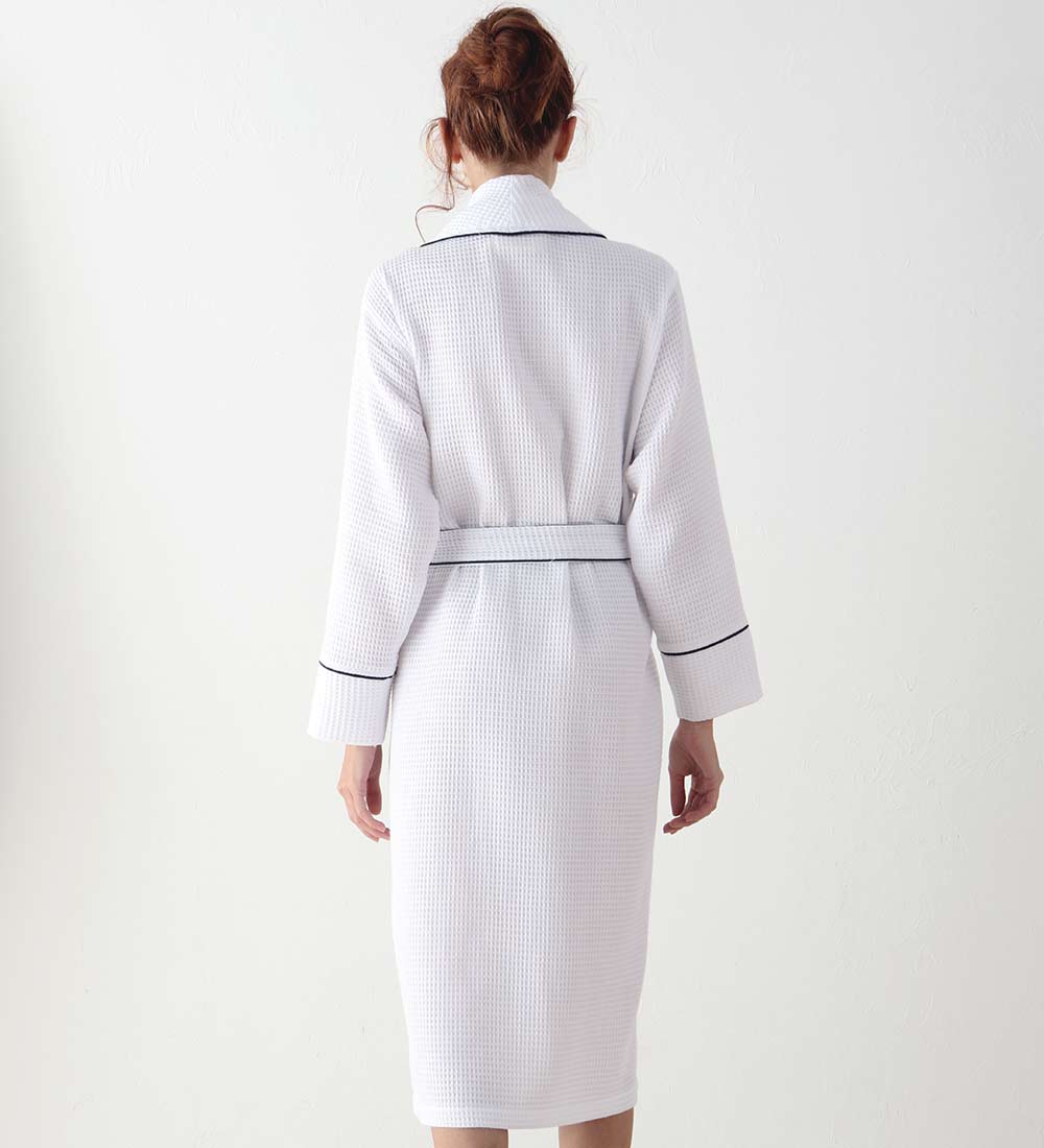 Women's Full Length Waffle Hotel Robe in various colors with shawl collar and pockets, showcasing luxurious waffle texture.