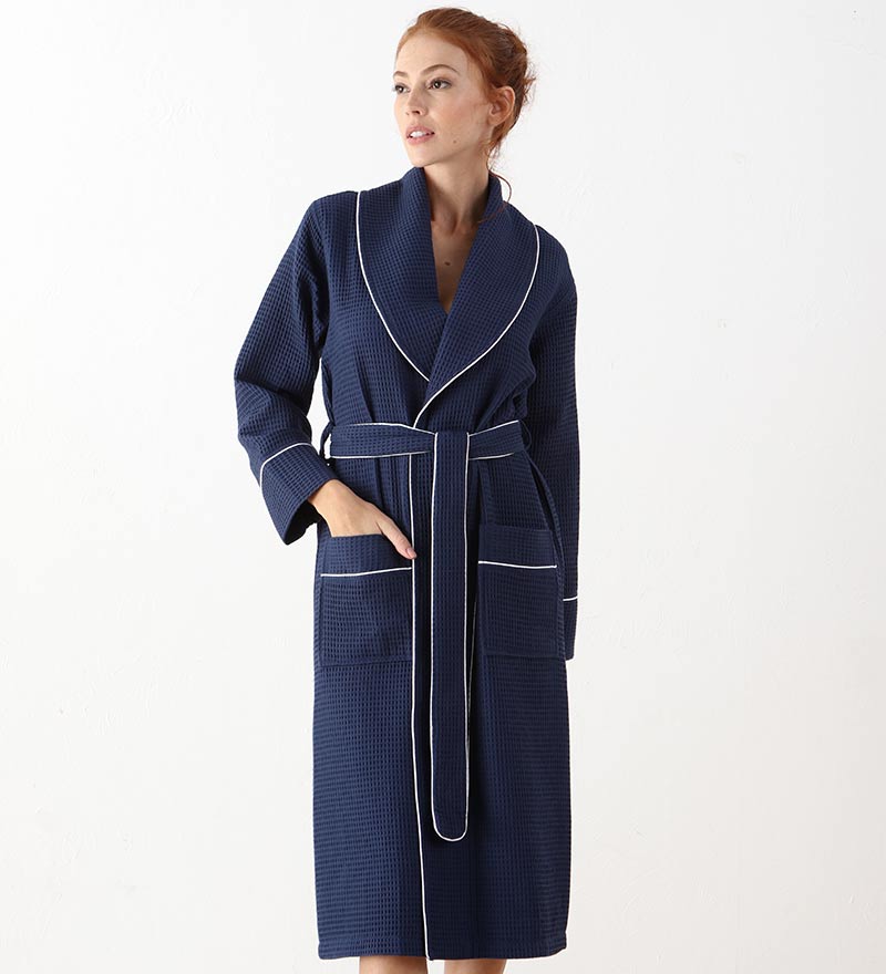 Women's Full Length Waffle Hotel Robe in various colors with shawl collar and pockets, showcasing luxurious waffle texture.