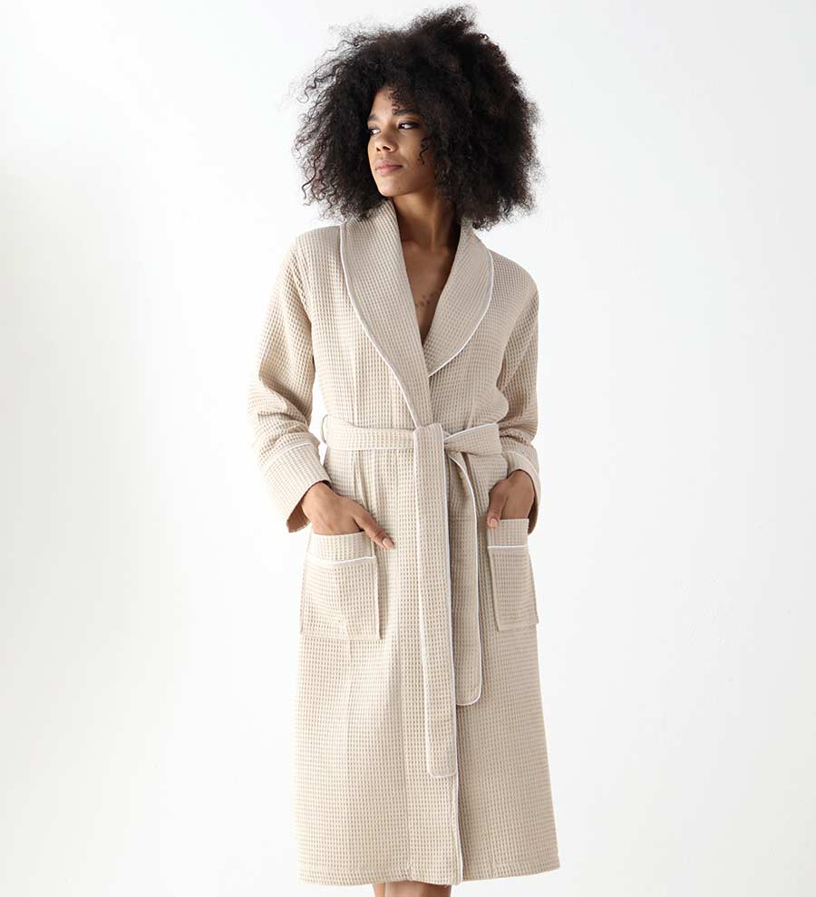 Women's Full Length Waffle Hotel Robe in various colors with shawl collar and pockets, showcasing luxurious waffle texture.