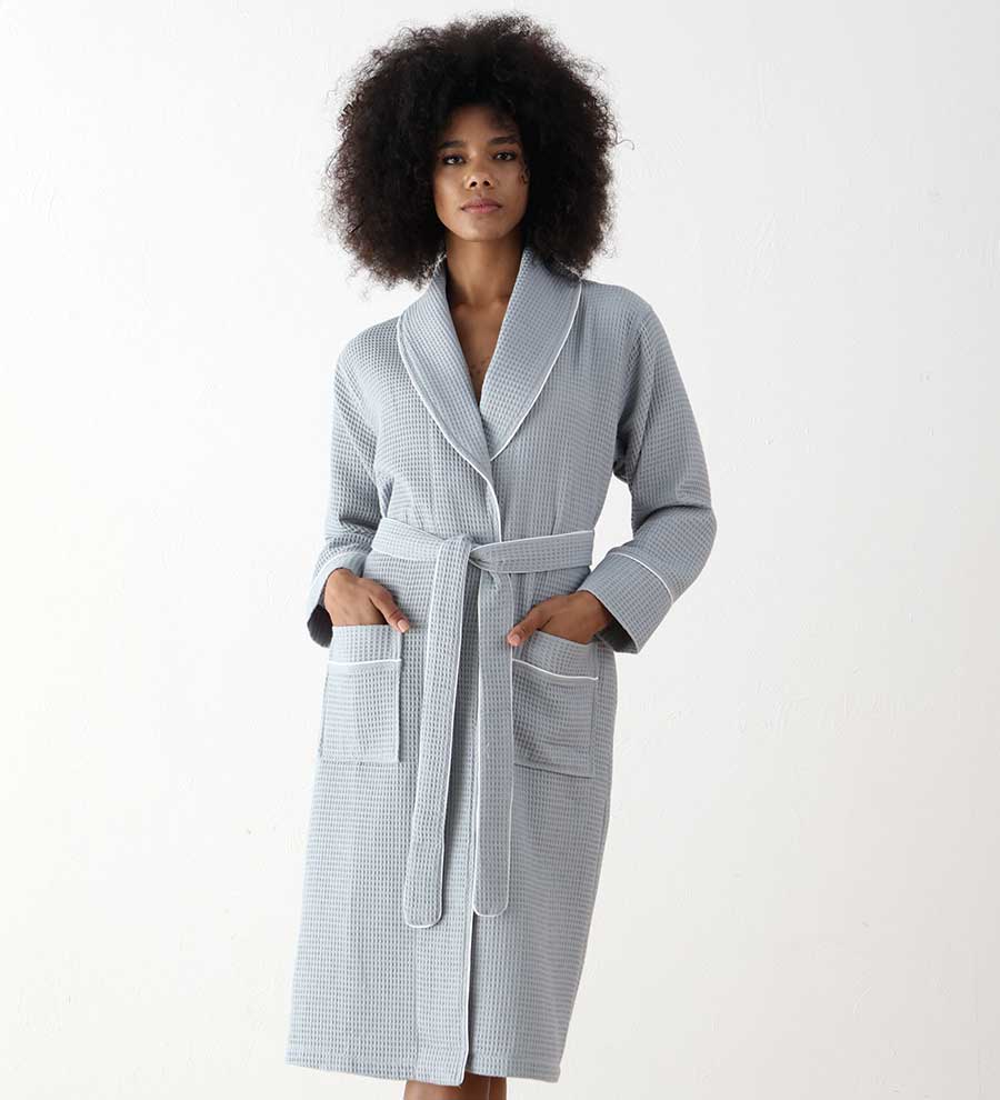 Women's Full Length Waffle Hotel Robe in various colors with shawl collar and pockets, showcasing luxurious waffle texture.