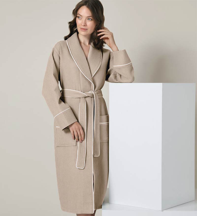 Women's Full Length Waffle Hotel Robe in various colors with shawl collar and pockets, showcasing luxurious waffle texture.