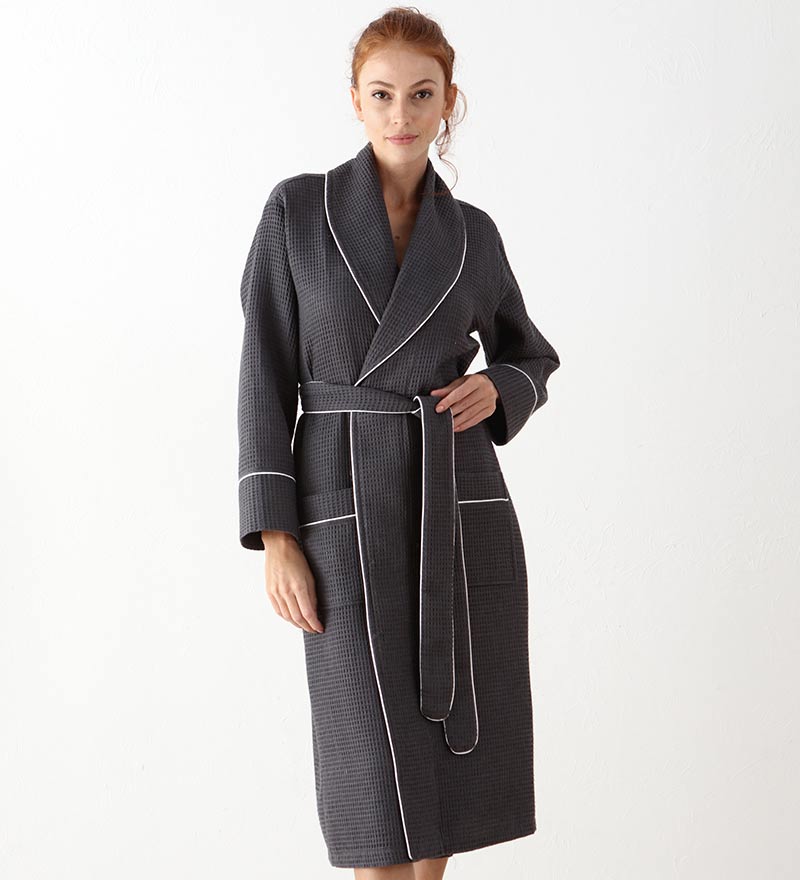 Women's Full Length Waffle Hotel Robe in various colors with shawl collar and pockets, showcasing luxurious waffle texture.