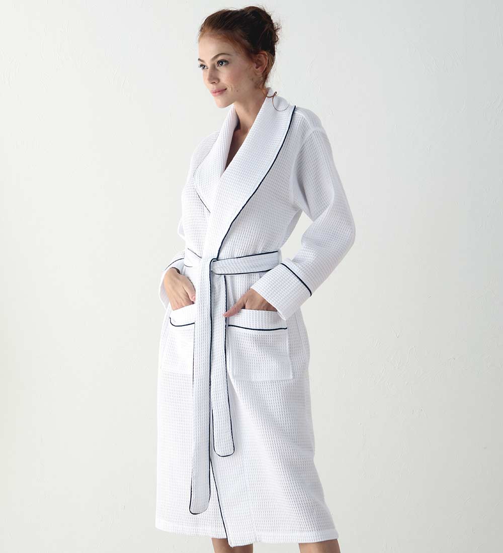 Women's Full Length Waffle Hotel Robe in various colors with shawl collar and pockets, showcasing luxurious waffle texture.