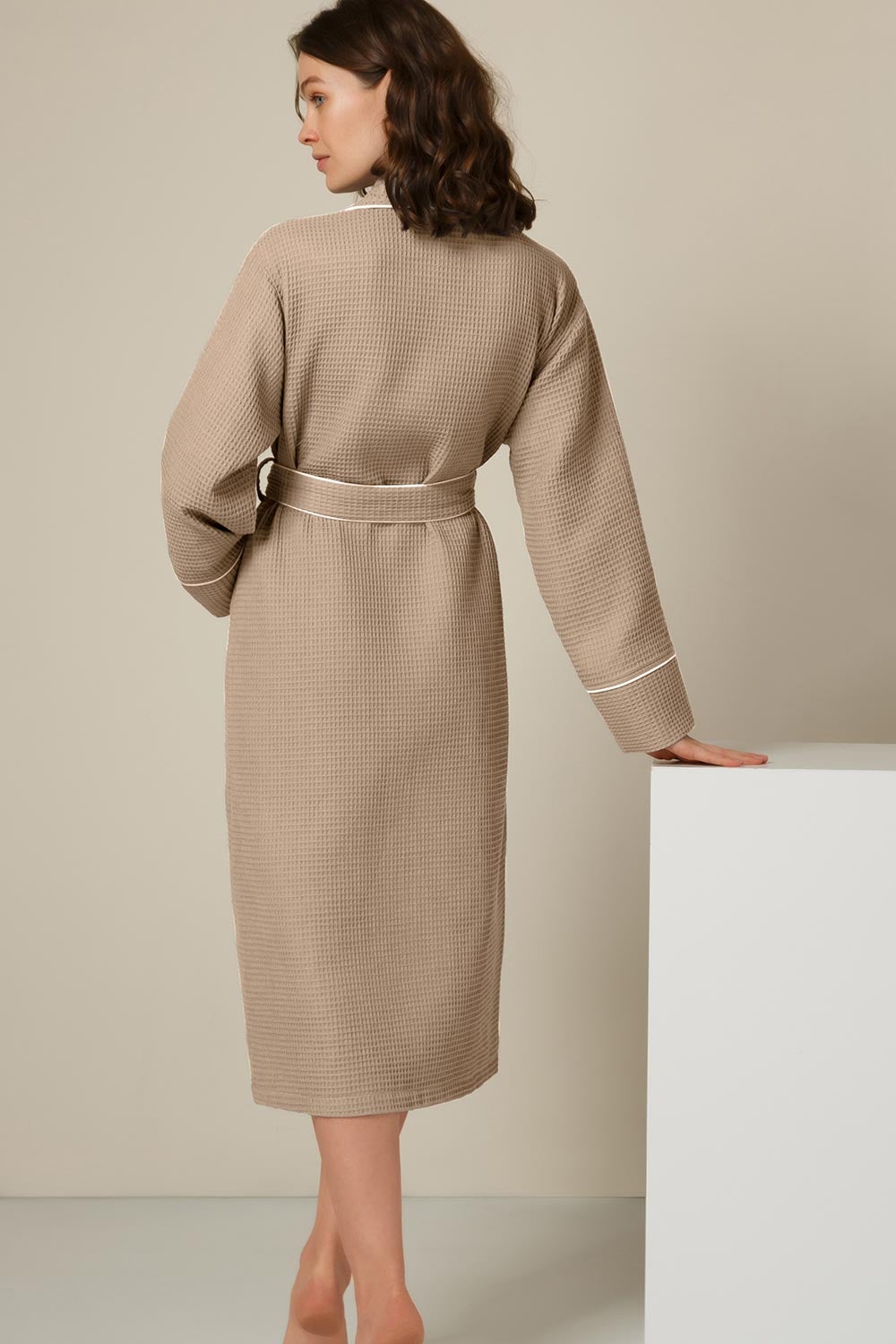 Women's Full Length Waffle Hotel Robe in various colors with shawl collar and pockets, showcasing luxurious waffle texture.