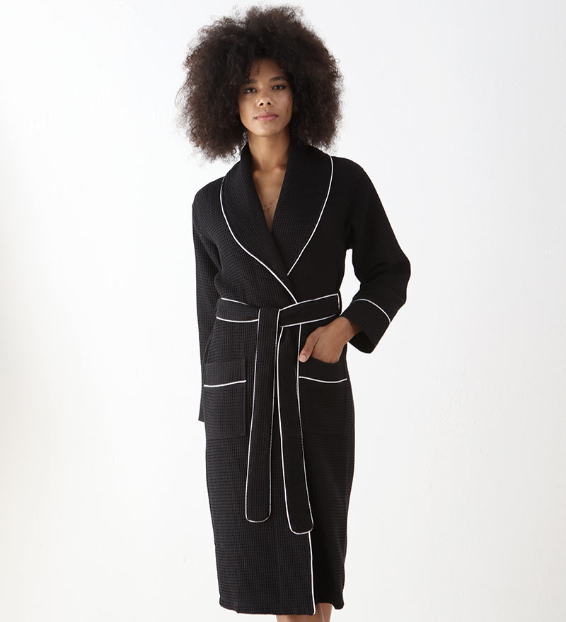 Women's Full Length Waffle Hotel Robe in various colors with shawl collar and pockets, showcasing luxurious waffle texture.