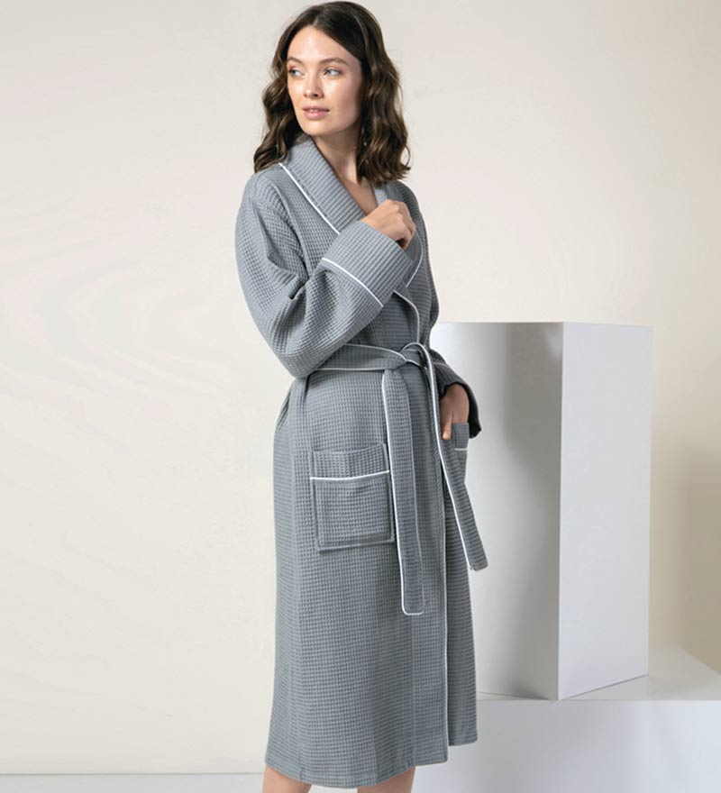 Women's Full Length Waffle Hotel Robe in various colors with shawl collar and pockets, showcasing luxurious waffle texture.