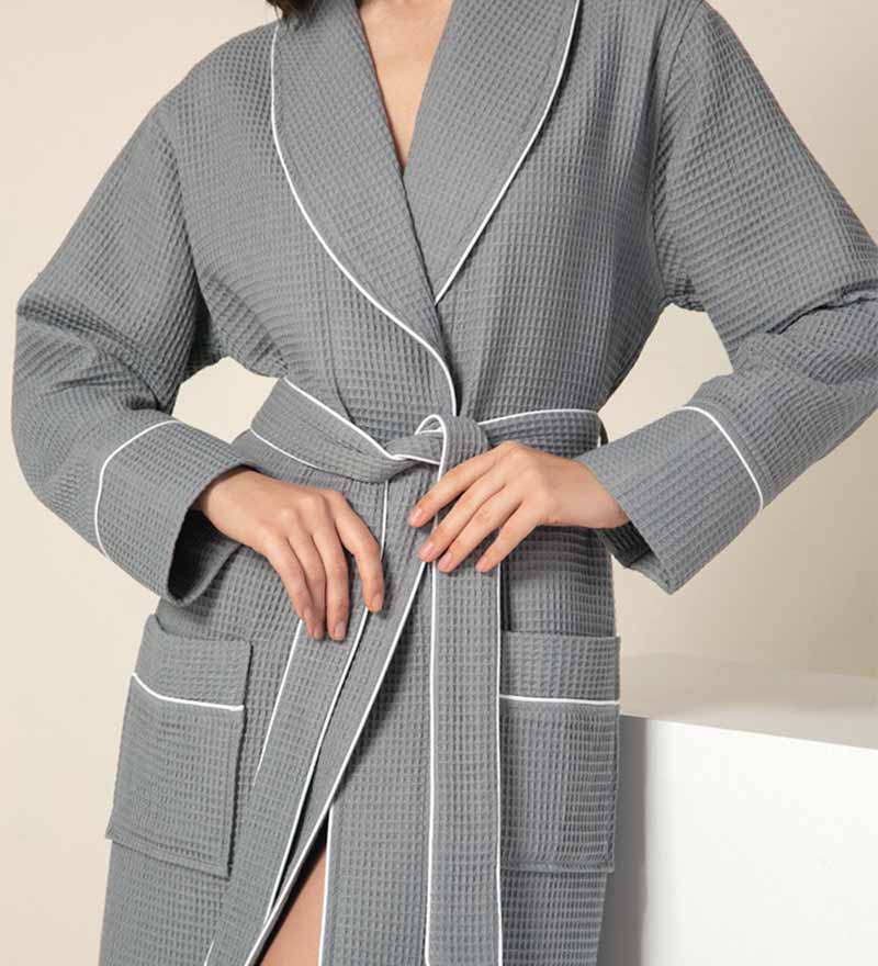 Women's Full Length Waffle Hotel Robe in various colors with shawl collar and pockets, showcasing luxurious waffle texture.