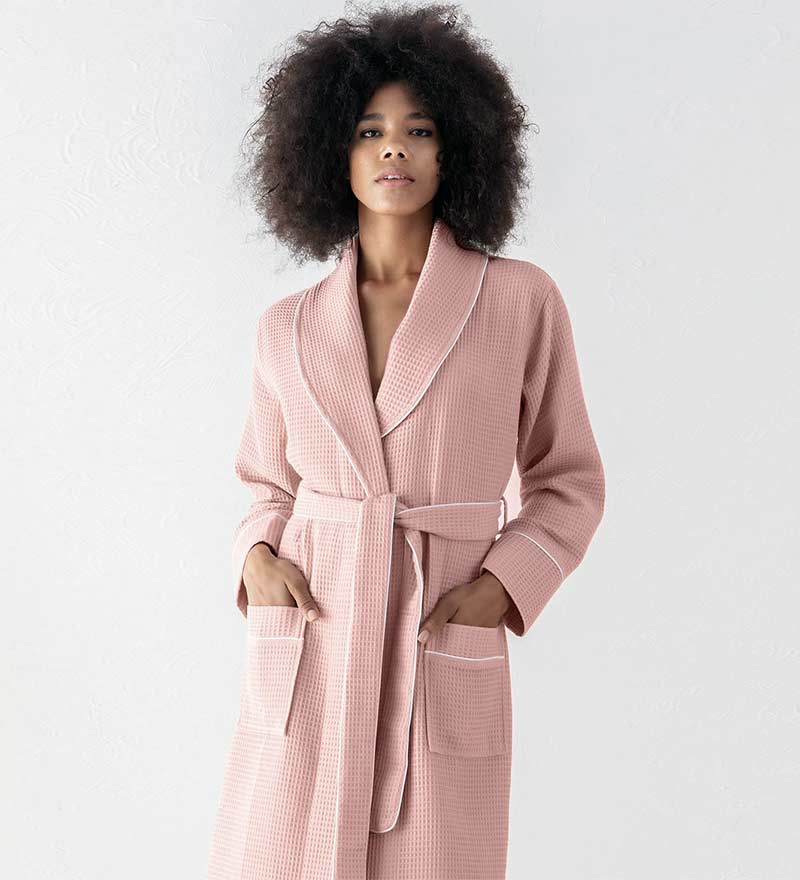 Women's Full Length Waffle Hotel Robe in various colors with shawl collar and pockets, showcasing luxurious waffle texture.