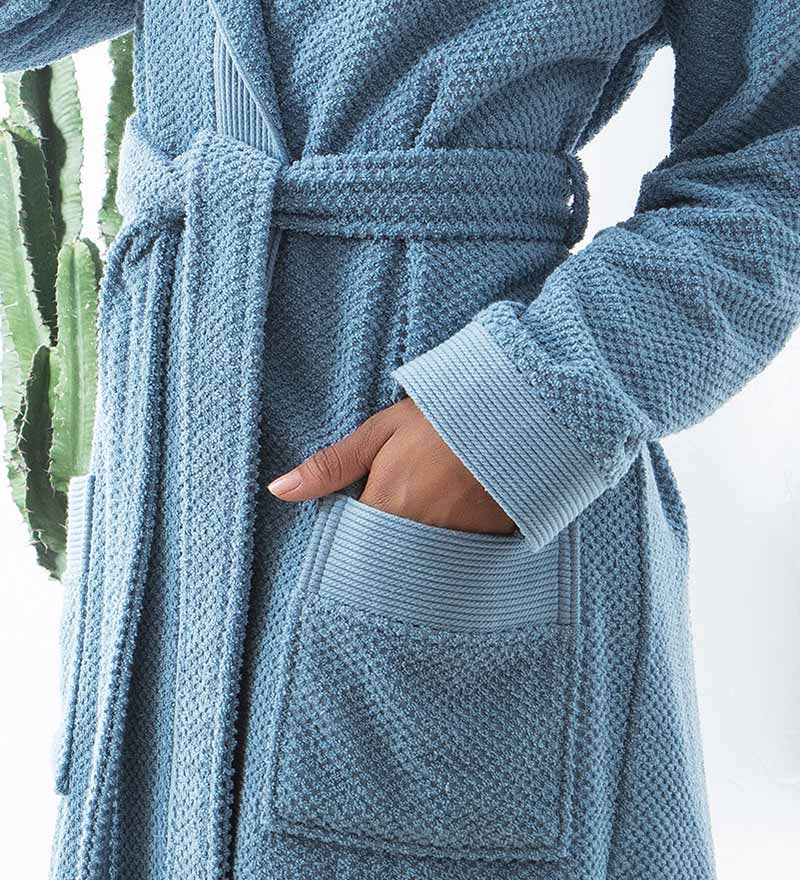 A luxurious Women's Hooded Turkish Cotton Terry Cloth Robe in calming colors, featuring a soft hood, large pockets, and a stylish belt.