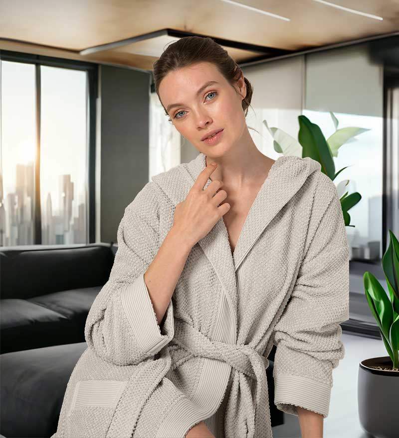 A luxurious Women's Hooded Turkish Cotton Terry Cloth Robe in calming colors, featuring a soft hood, large pockets, and a stylish belt.