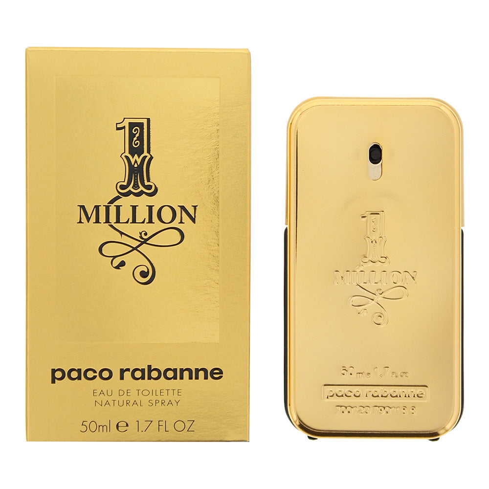 1 Million Eau De Toilette by Paco Rabanne in a luxurious gold bottle, showcasing its elegant design and rich fragrance.