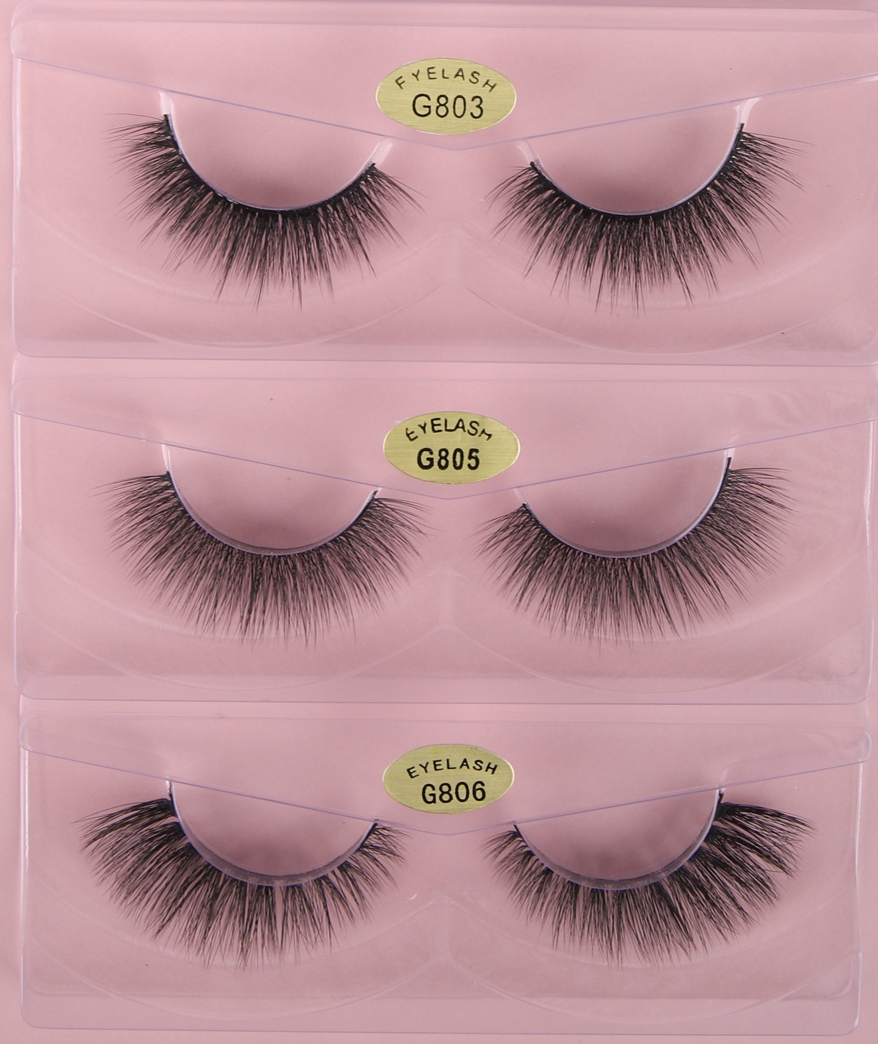 A collection of 10/20/30/40/50 pairs of natural false eyelashes made from synthetic hair, featuring a long 3D mink design with a black cotton band.