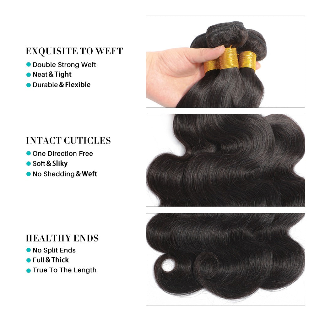 10A Grade Body Wave Peruvian Human Hair Bundles in natural black color, showcasing soft waves and high-quality texture.