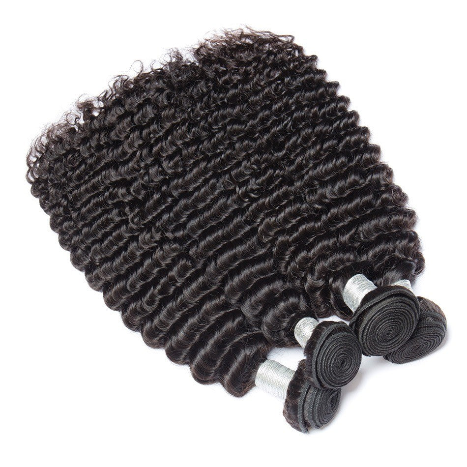 10A Grade Deep Wave Brazilian Human Hair Bundles in natural black color, showcasing luxurious texture and volume.