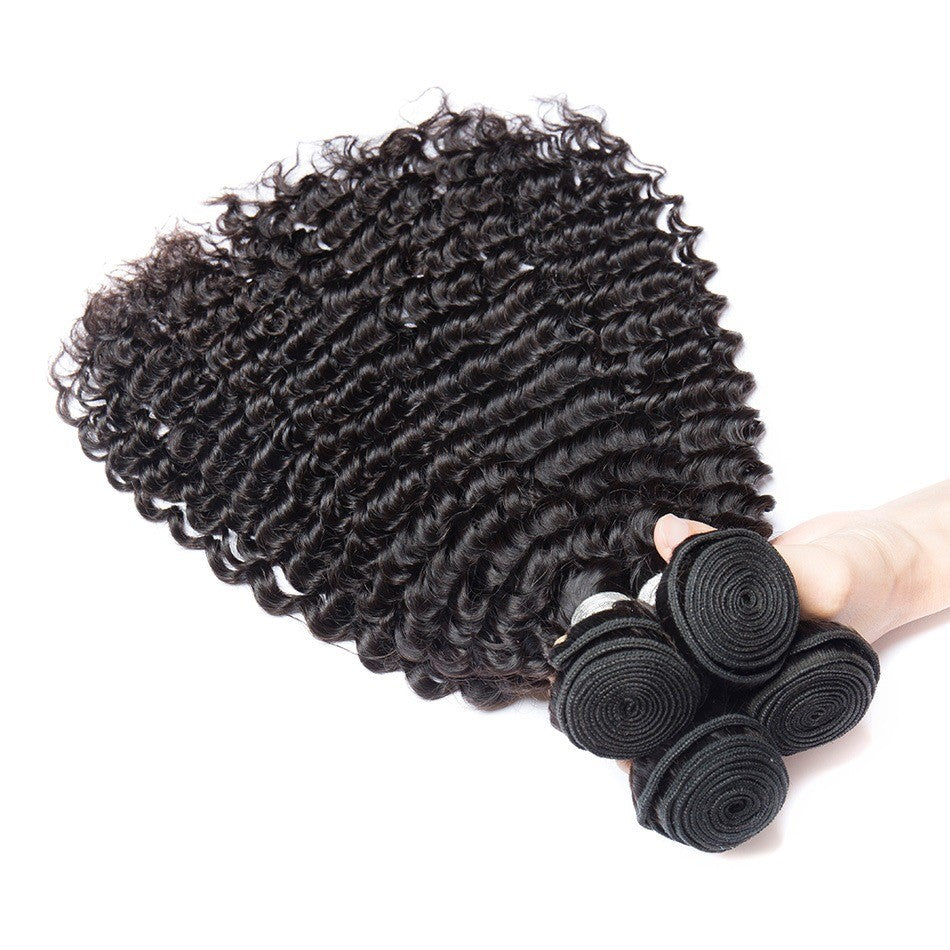 10A Grade Deep Wave Brazilian Human Hair Bundles in natural black color, showcasing luxurious texture and volume.