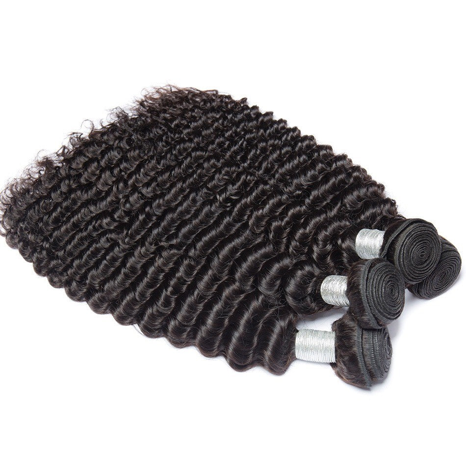 10A Grade Deep Wave Brazilian Human Hair Bundles in natural black color, showcasing luxurious texture and volume.