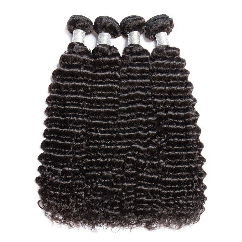 10A Grade Deep Wave Brazilian Human Hair Bundles in natural black color, showcasing luxurious texture and volume.