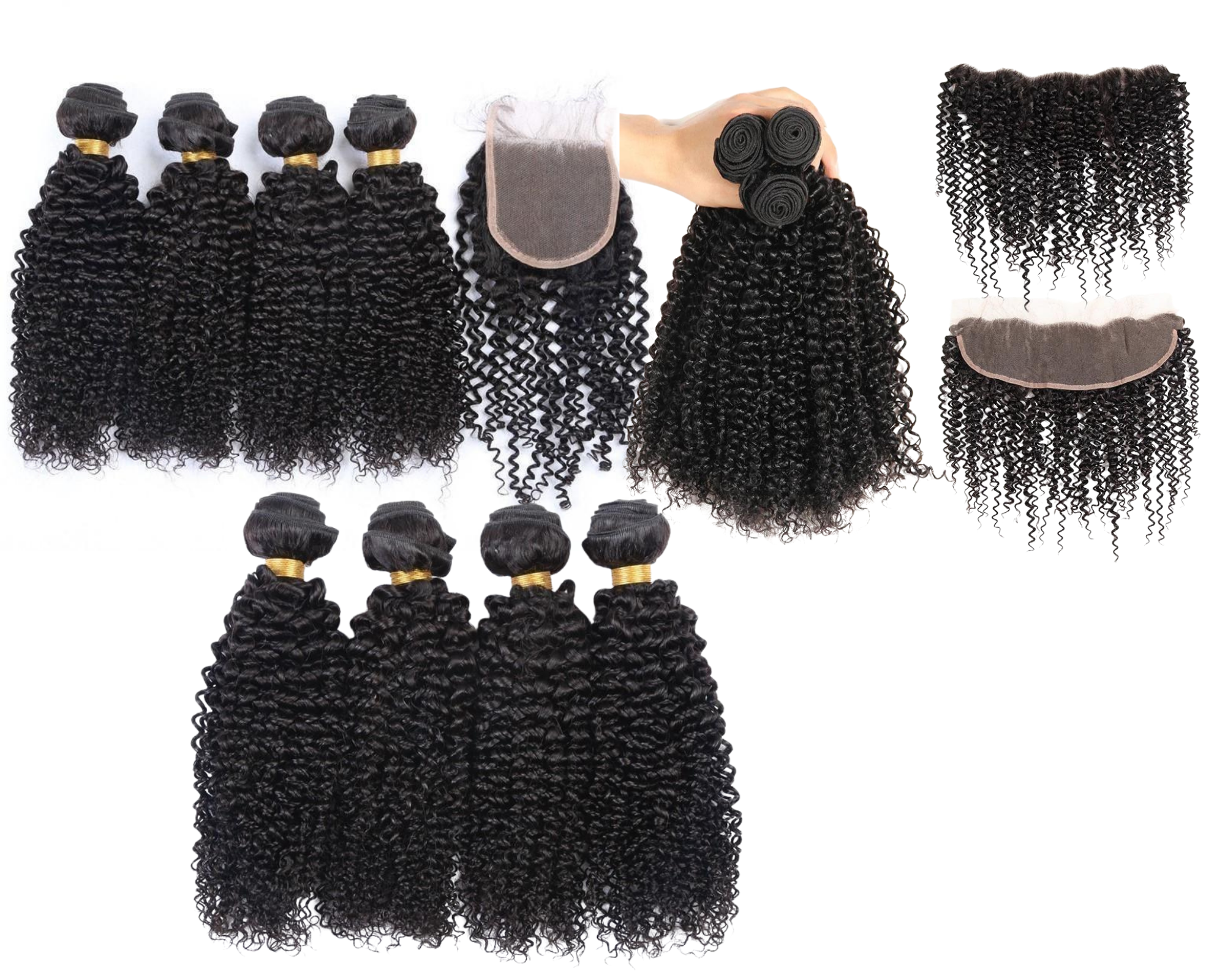 10A Grade Kinky Curly Human Hair bundles with 4x4 closure and 13x4 frontal, showcasing natural curls and high-quality texture.