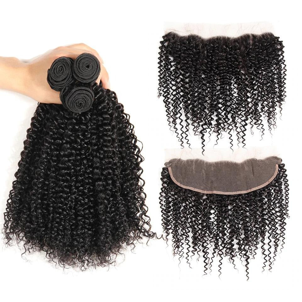 10A Grade Kinky Curly Human Hair bundles with 4x4 closure and 13x4 frontal, showcasing natural curls and high-quality texture.