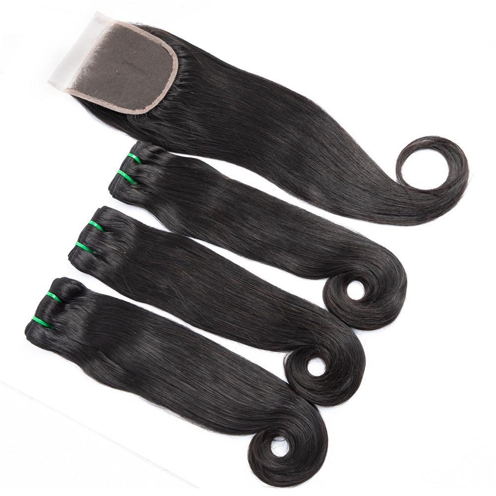 10A Grade 3/4 Straight Curve Fumi Human Hair bundles with 4x4 Closures, showcasing natural color and luxurious texture.