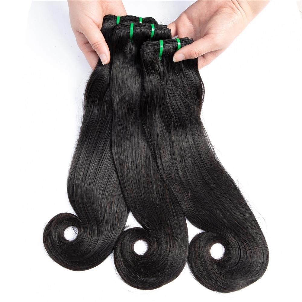 10A Grade 3/4 Straight Curve Fumi Human Hair bundles with 4x4 Closures, showcasing natural color and luxurious texture.