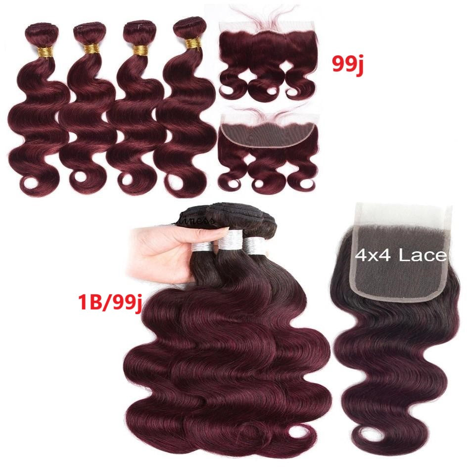 10A Grade #99J Body Wave hair bundles with 4x4 closure and 13x4 frontal, showcasing rich color and texture.