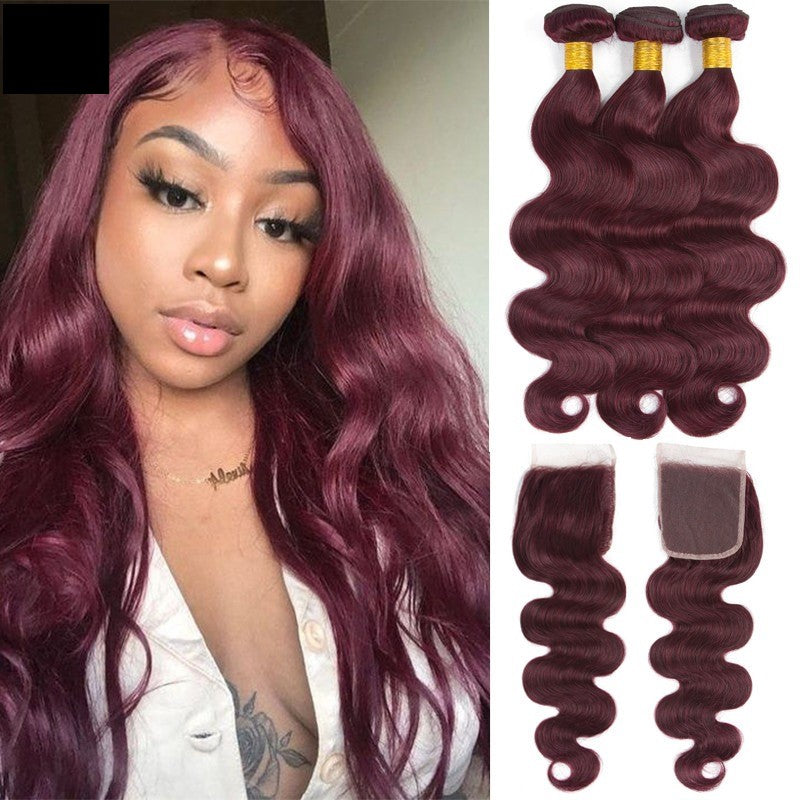 10A Grade #99J Body Wave hair bundles with 4x4 closure and 13x4 frontal, showcasing rich color and texture.