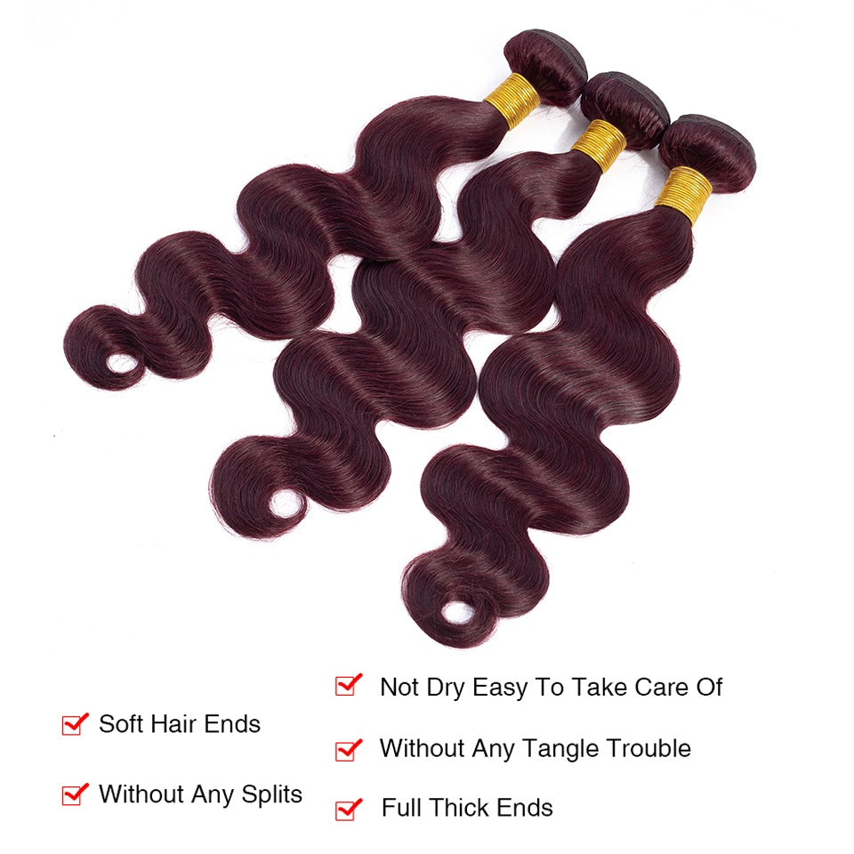 10A Grade #99J Body Wave hair bundles with 4x4 closure and 13x4 frontal, showcasing rich color and texture.