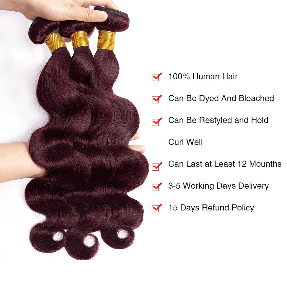 10A Grade #99J Body Wave hair bundles with 4x4 closure and 13x4 frontal, showcasing rich color and texture.