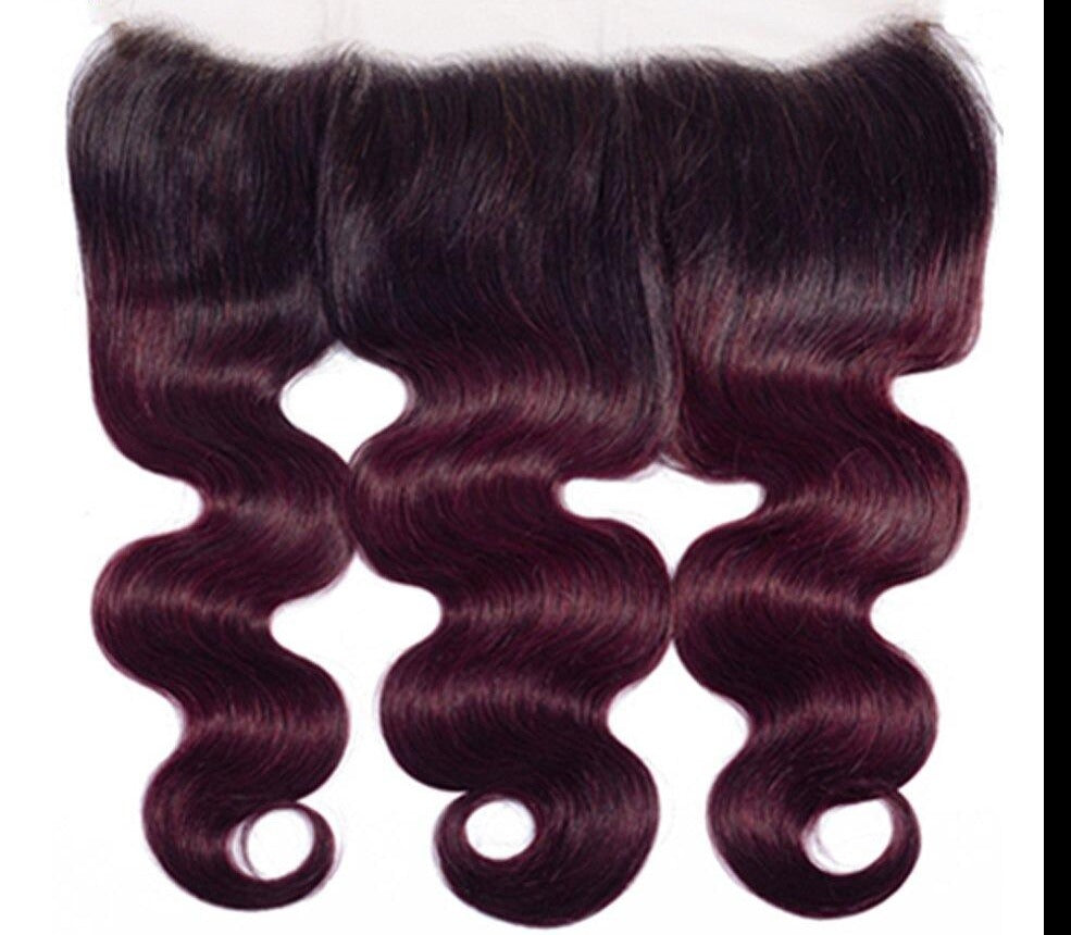 10A Grade #99J Body Wave hair bundles with 4x4 closure and 13x4 frontal, showcasing rich color and texture.