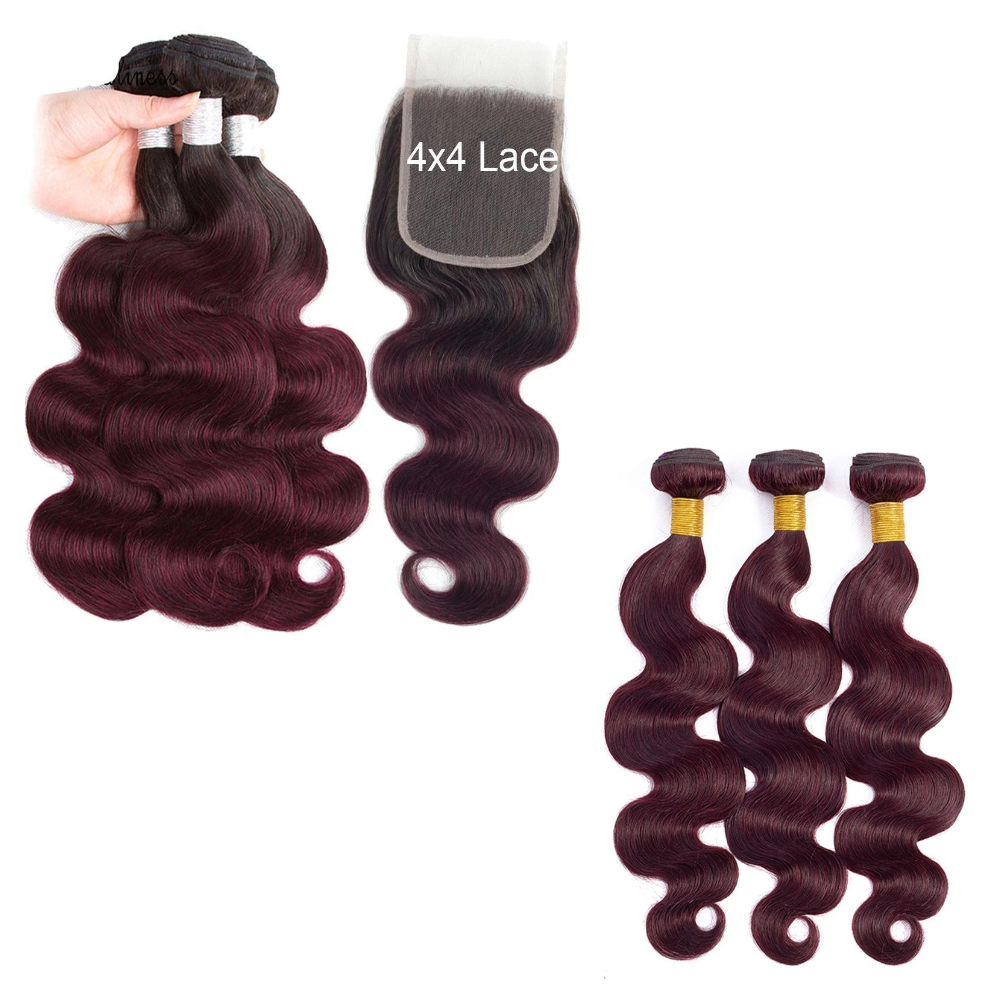 10A Grade #99J Body Wave hair bundles with 4x4 closure and 13x4 frontal, showcasing rich color and texture.