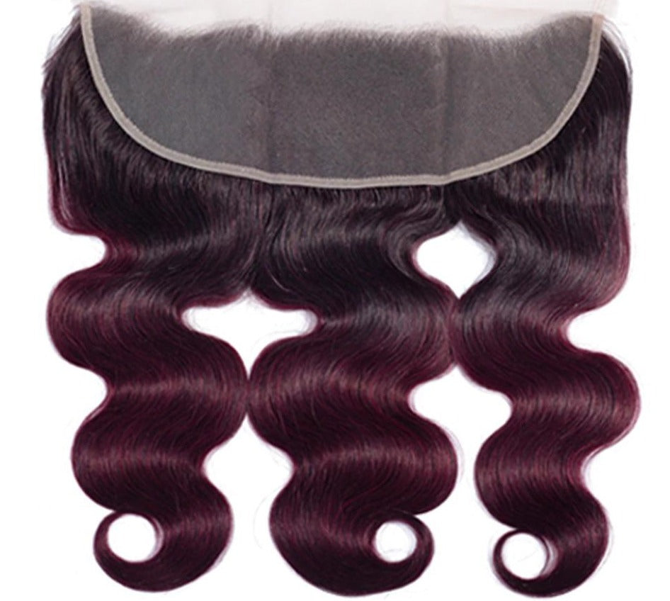 10A Grade #99J Body Wave hair bundles with 4x4 closure and 13x4 frontal, showcasing rich color and texture.