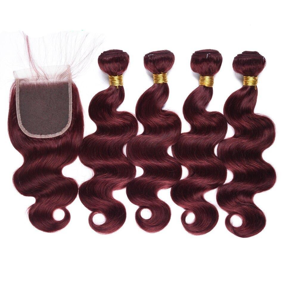 10A Grade #99J Body Wave hair bundles with 4x4 closure and 13x4 frontal, showcasing rich color and texture.